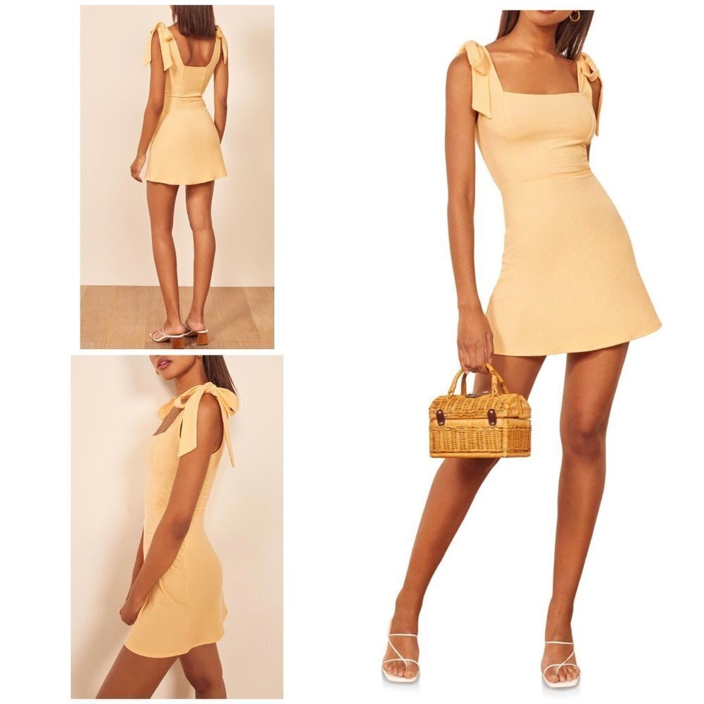 EUC Reformation Liz Tie Shoulder Bow Tied Yellow Ribbed Stretch Knit Mini Dress﻿